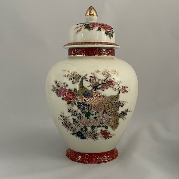 RARE Japan Satsuma Porcelain Temple Jar Lid Peacock Gold Cloisonné Style Asian - Picture 5 of 5